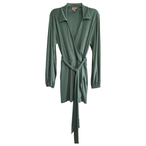 Show Me Your Mumu Chloe Collared Dress In Sage Green Medium Belted Surplice Neck - Picture 5 of 12